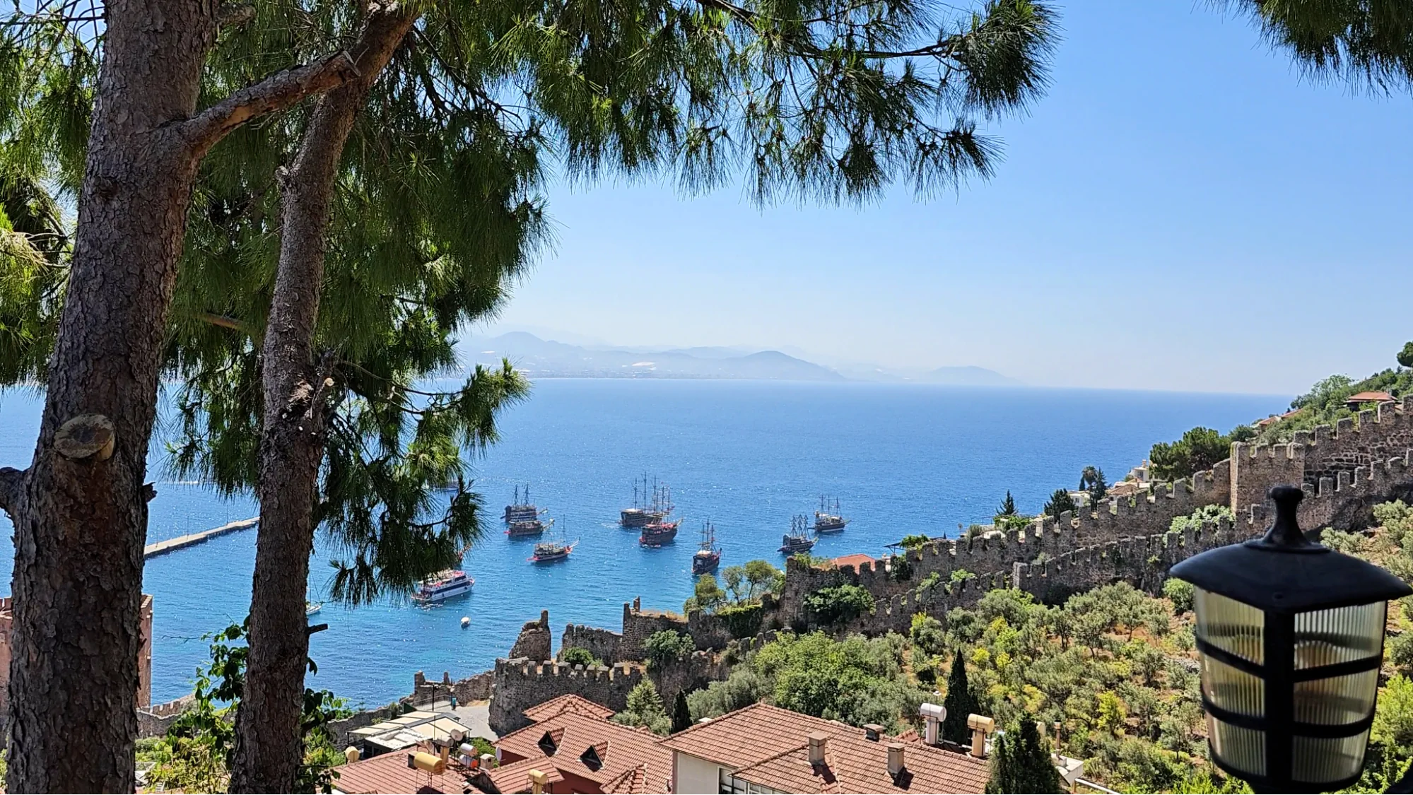 Framed by pine trees, multiple sailboats float in the clear blue sea near Alanya’s harbor with old stone walls and red rooftops below.