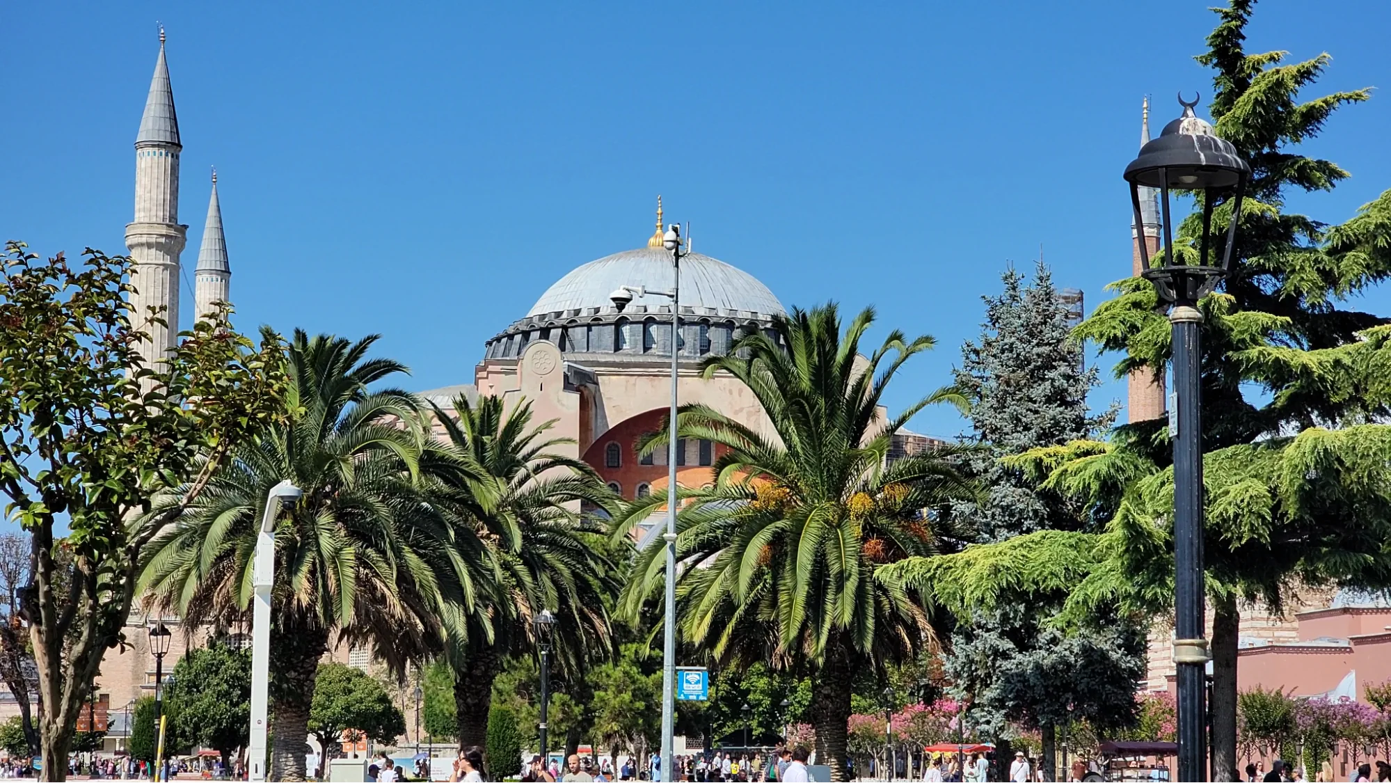A sunny view of the Hagia Sophia framed by palm trees, evergreens, and a crowd of tourists in the foreground.