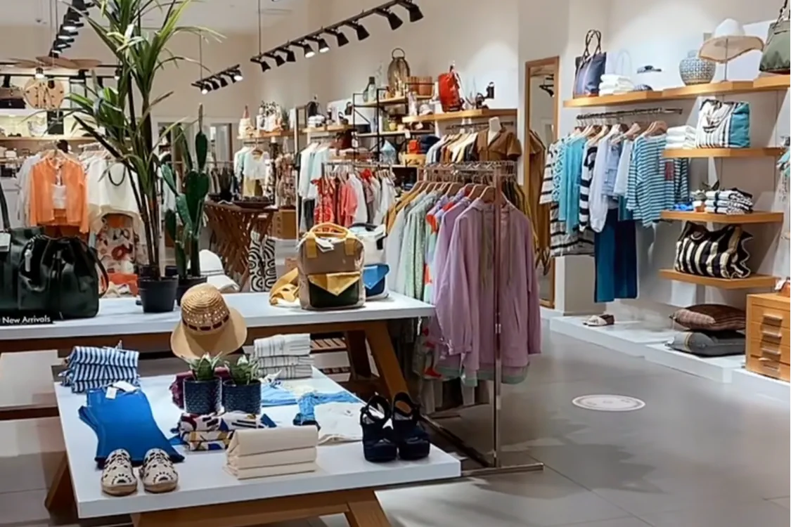 A stylish boutique in Istanbul features neatly arranged clothes, accessories, and home goods under track lighting.