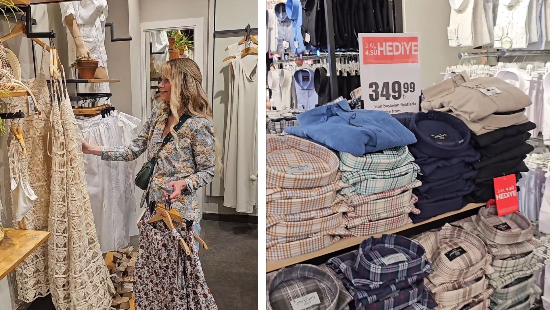 Side-by-side photos of blonde woman shopping for dresses in boutique and men’s shirts displayed with price sign in Turkish store.