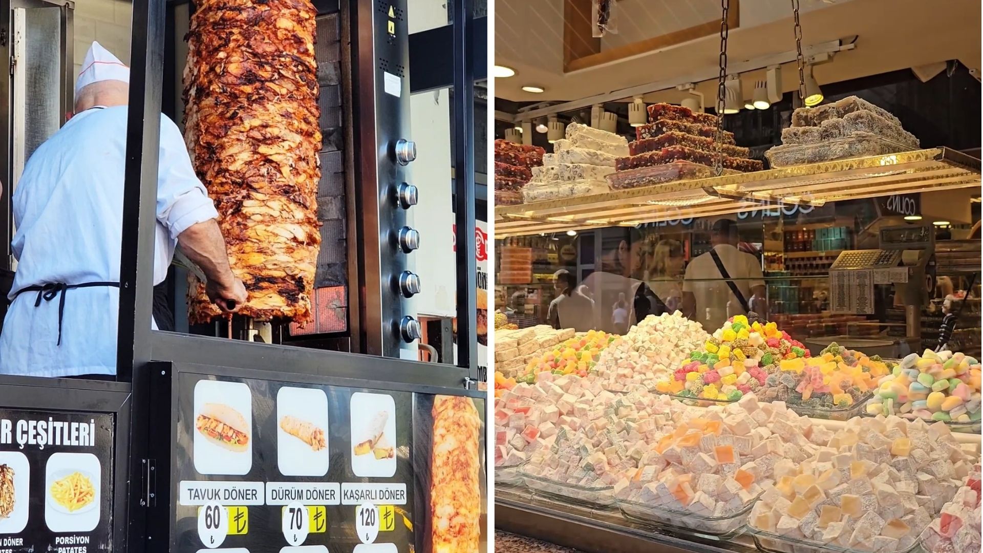 Side-by-side photos of chef slicing chicken döner on vertical rotisserie and colorful Turkish delight displayed in shop window.