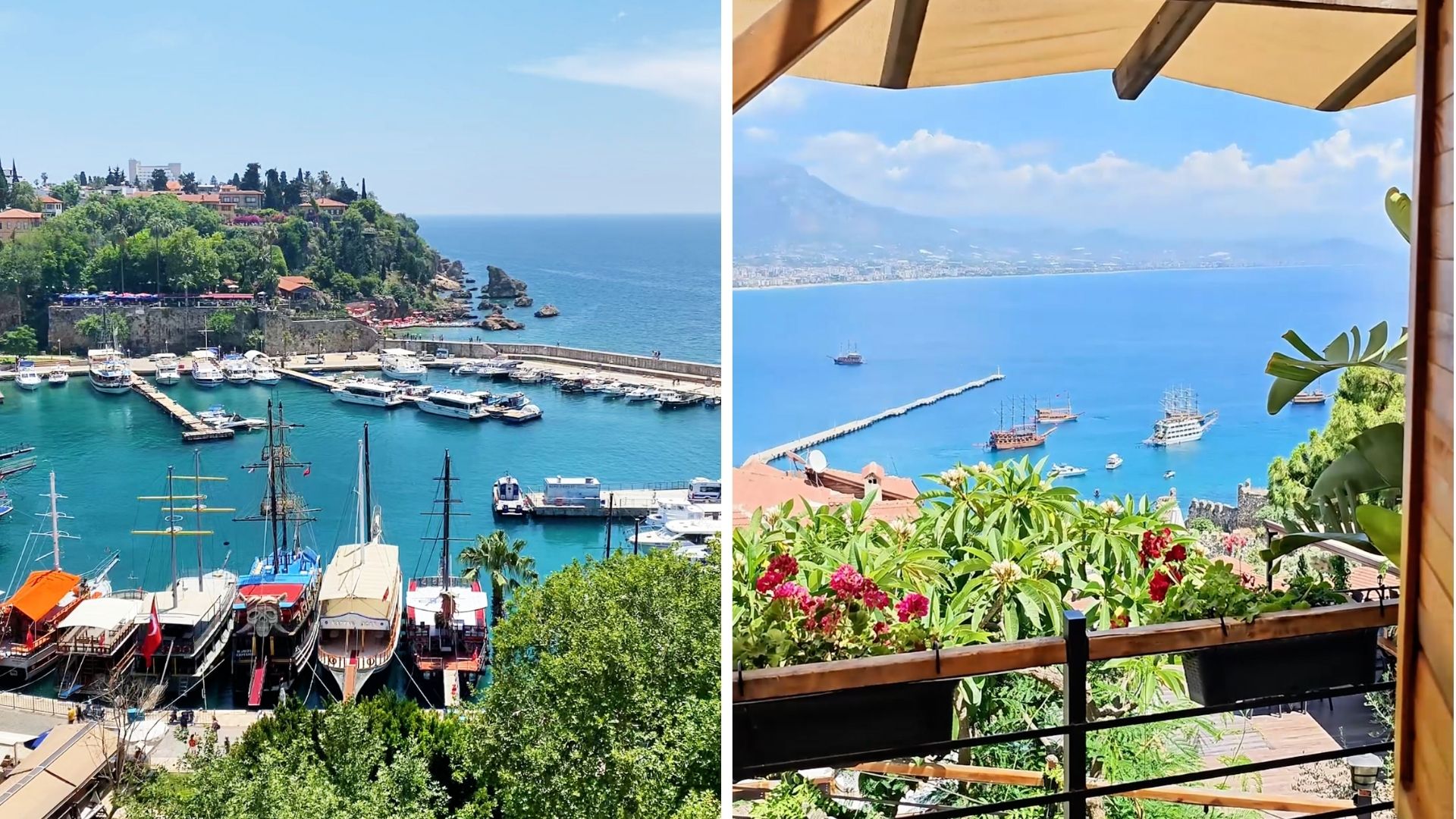Side-by-side photos of Antalya harbor with docked boats and a scenic coastal view with flowers and ships on the Mediterranean Sea.