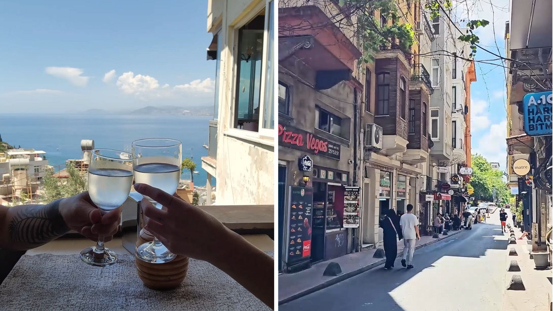 Side-by-side photos of two people clinking glasses by the sea view and a bustling Istanbul street lined with shops and pedestrians.