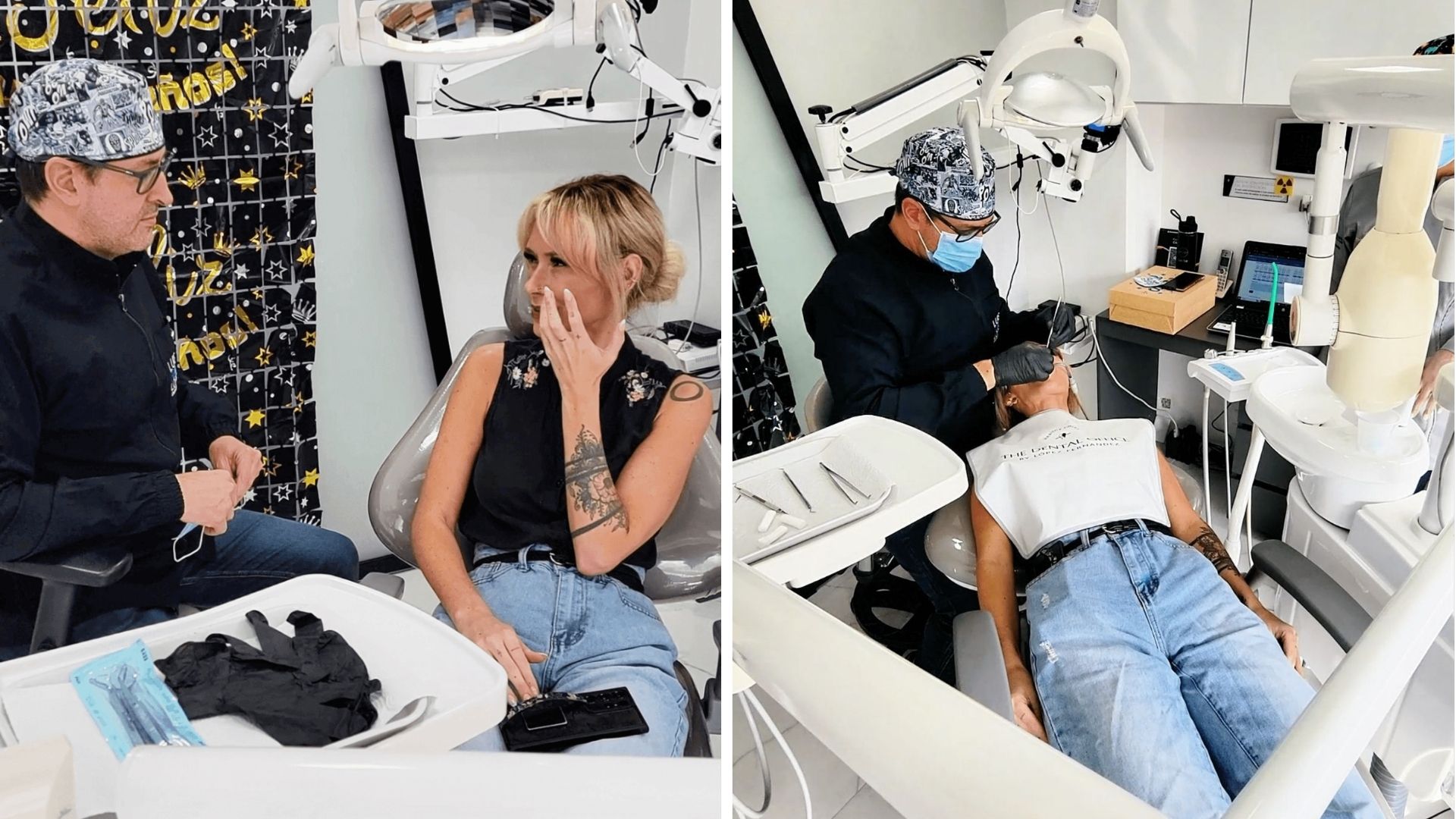 Side-by-side photos of patient consulting with dentist and receiving treatment at modern dental clinic in Medellín, Colombia.