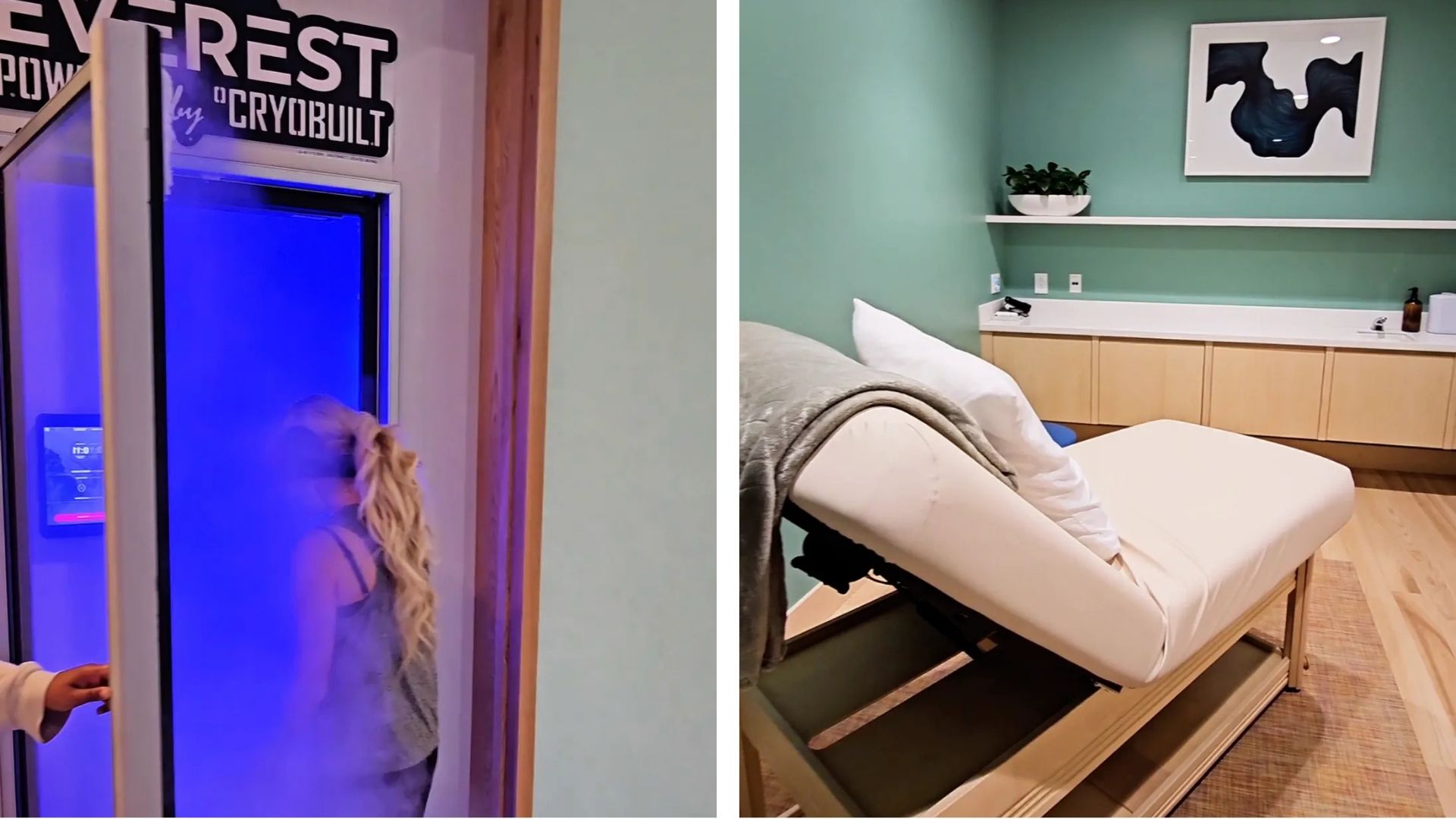 Side-by-side image of cryotherapy chamber and private treatment room inside Love.Life wellness center