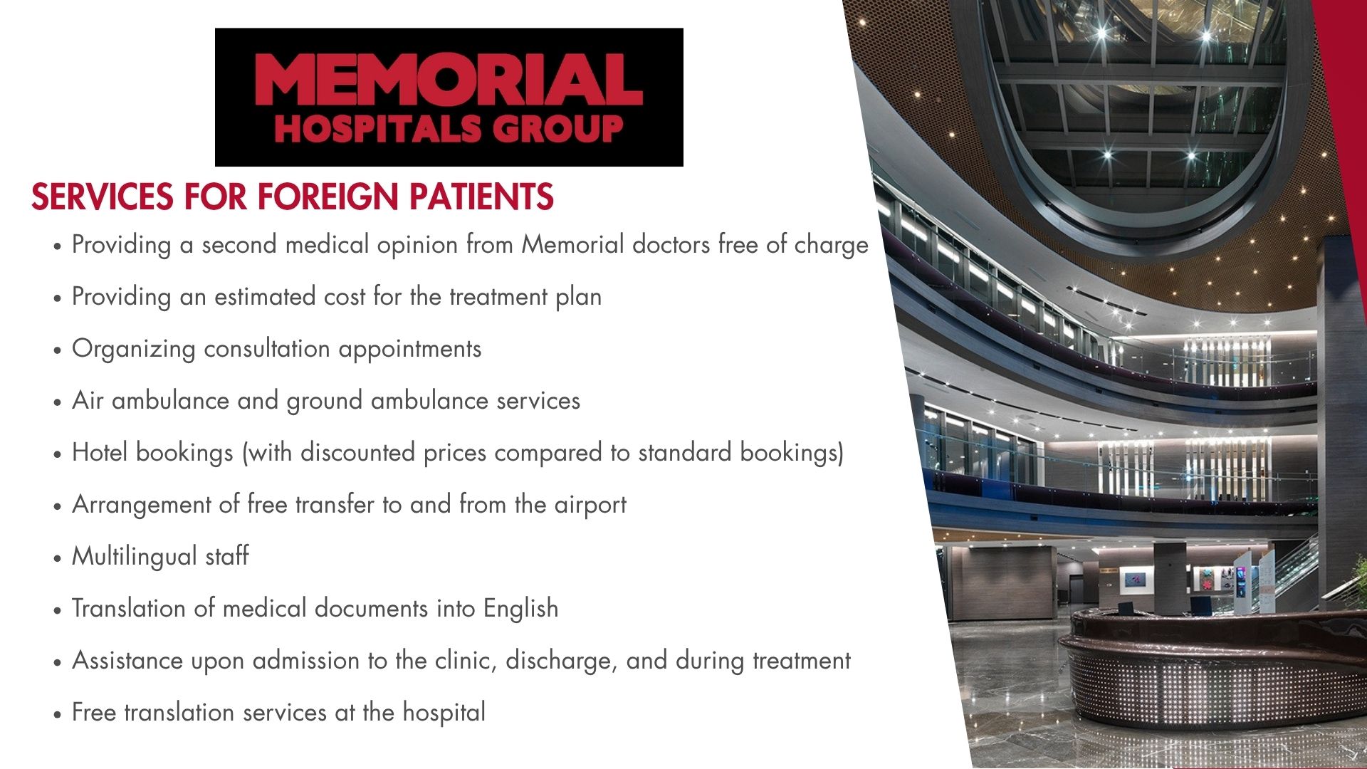 Services available for international patients at Memorial Hospital