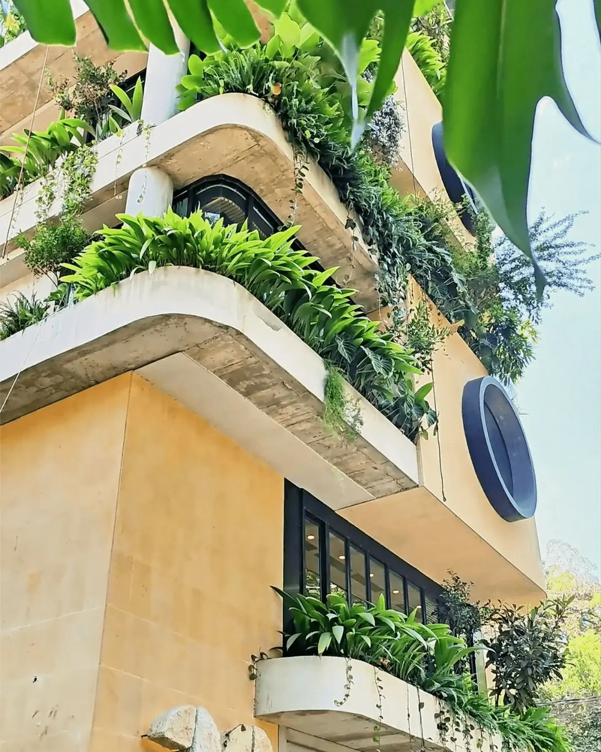 Modern building in Medellín, Colombia with lush greenery and plants cascading from balconies