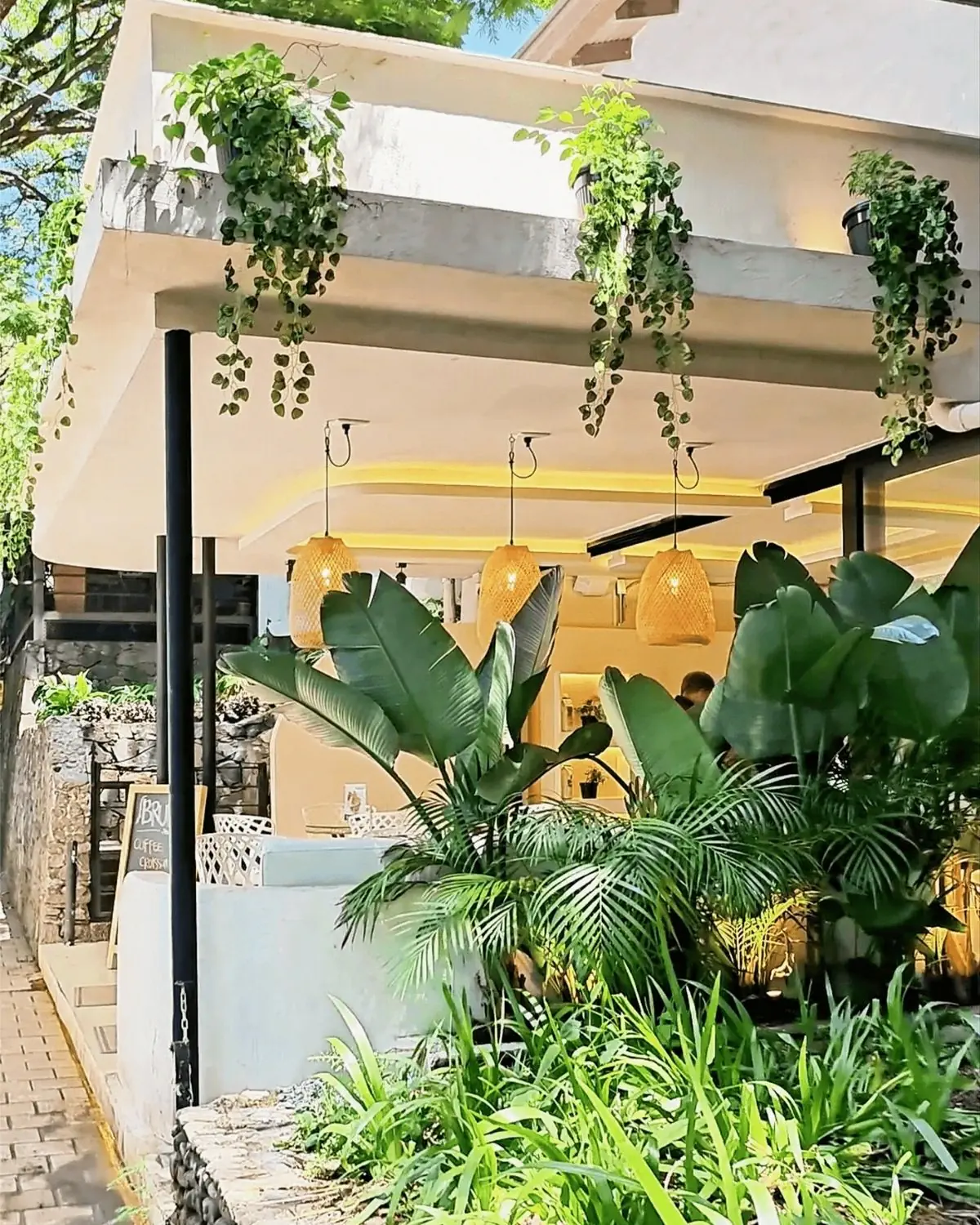 Outdoor café terrace in Medellín, Colombia surrounded by tropical plants and modern hanging lights