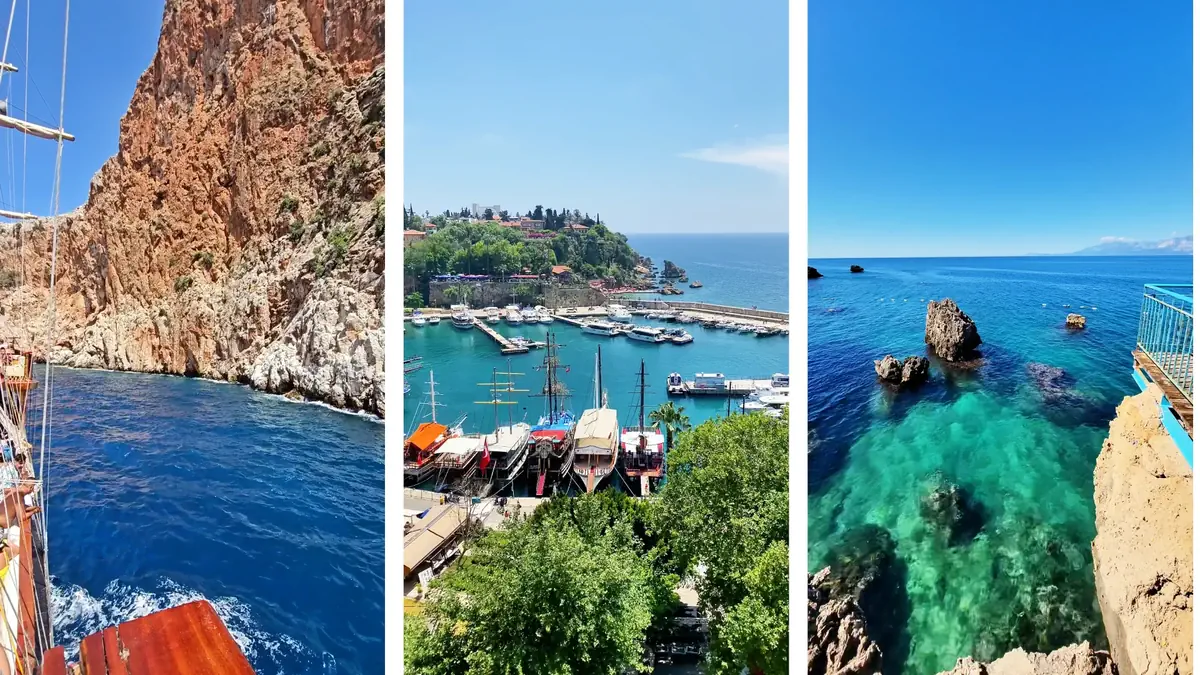 Collage of Antalya’s coastline featuring rocky cliffs, marina with boats, and turquoise sea views