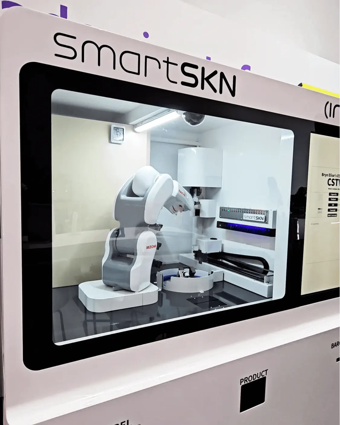 The SmartSKN robotic machine in California, designed for futuristic personalized skincare analysis and product preparation.  