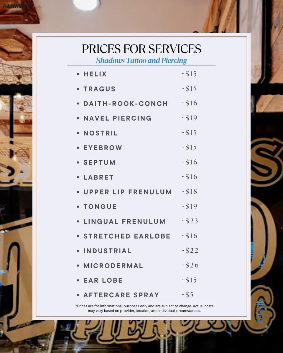 Price list at Shadows Tattoo and Piercing in Istanbul showing costs for different piercings, including helix, tragus, navel, nostril, tongue, and microdermal.