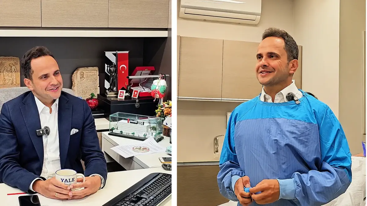 Dr. Salih Boga at Memorial Hospital in Istanbul, pictured in his office during an interview and in surgical attire preparing for a procedure.