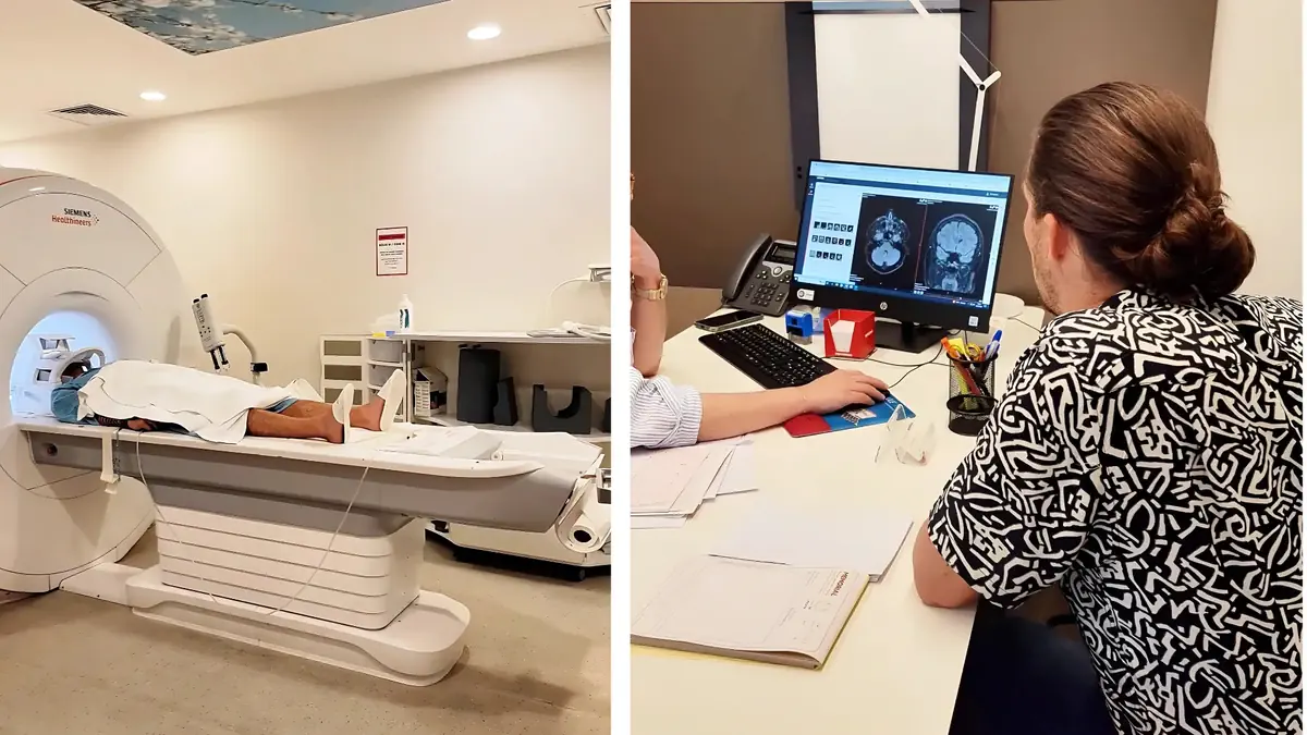 Patient undergoing MRI brain scan at Memorial Hospital in Istanbul, Türkiye, with doctor reviewing diagnostic imaging results for advanced neurological care.  