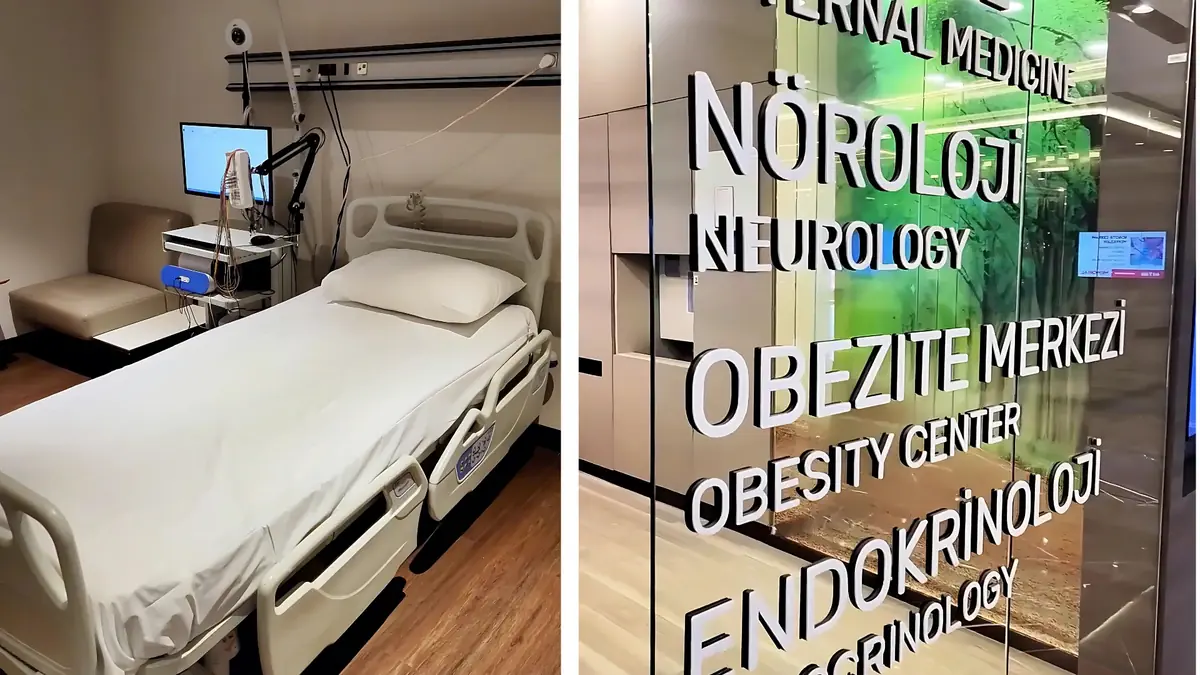 Neurology, sleep study, obesity treatment, and endocrinology center at Memorial Hospital in Istanbul, Türkiye, with patient monitoring bed and specialized diagnostic facilities.  