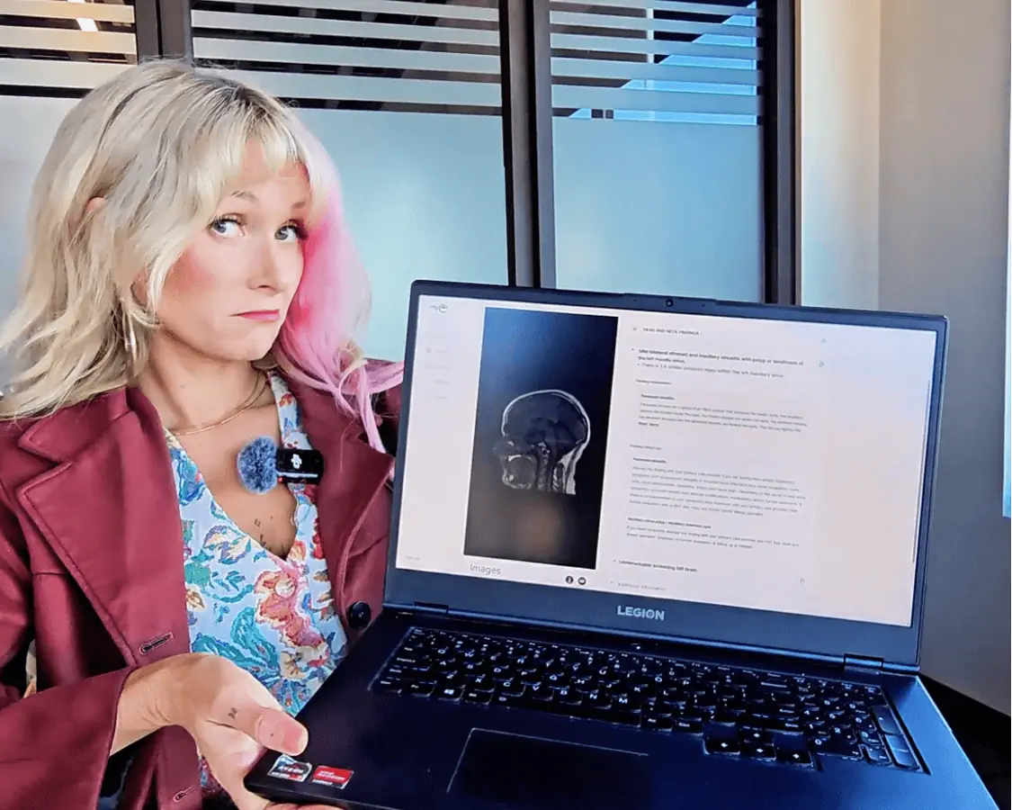 Woman reviewing AI-powered MRI brain scan results on laptop as part of Function Health’s affordable $999 health checkup package in the USA.