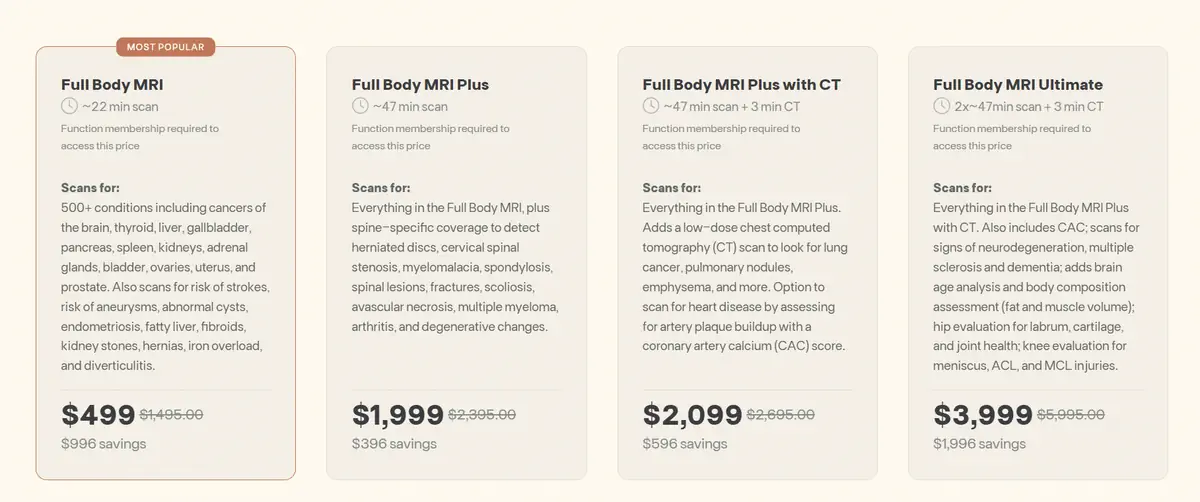 Pricing comparison of full-body MRI scan options in the U.S., showing costs and savings for standard MRI, MRI Plus, MRI Plus with CT, and MRI Ultimate packages.