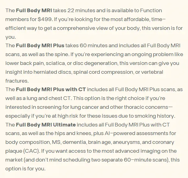 Description of different Full Body MRI scan options including standard, MRI Plus, MRI Plus with CT, and MRI Ultimate, outlining scan times, pricing, and detailed health insights.