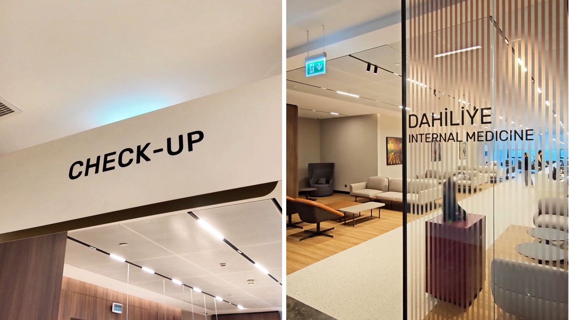 Checkup and internal medicine department signage inside Memorial Hospital in Istanbul