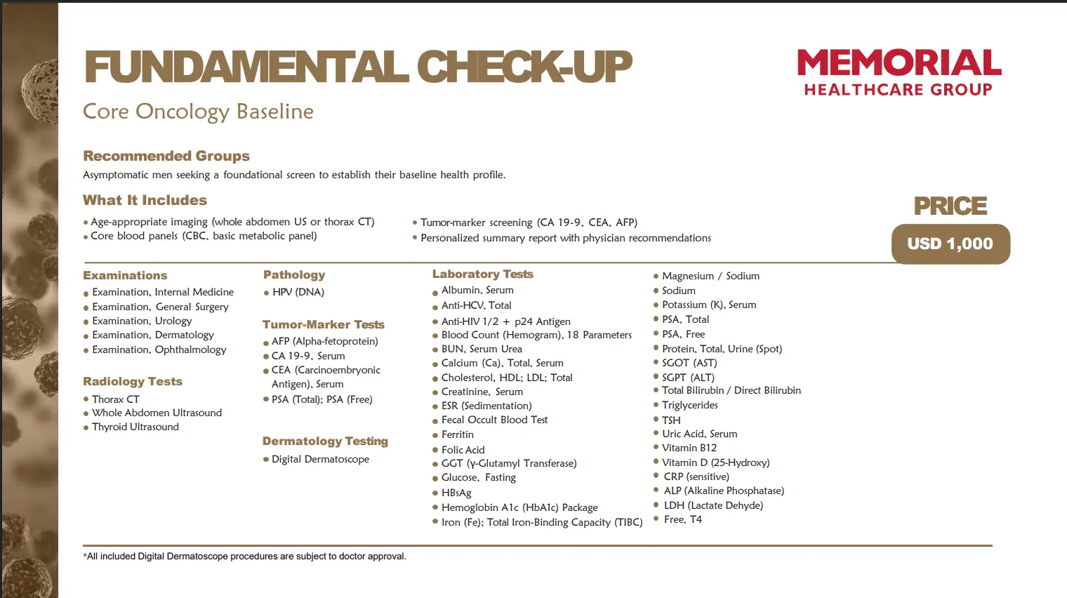 Fundamental oncology check-up overview showing examinations, lab tests, radiology imaging, and tumor marker screening at Memorial Healthcare Group.