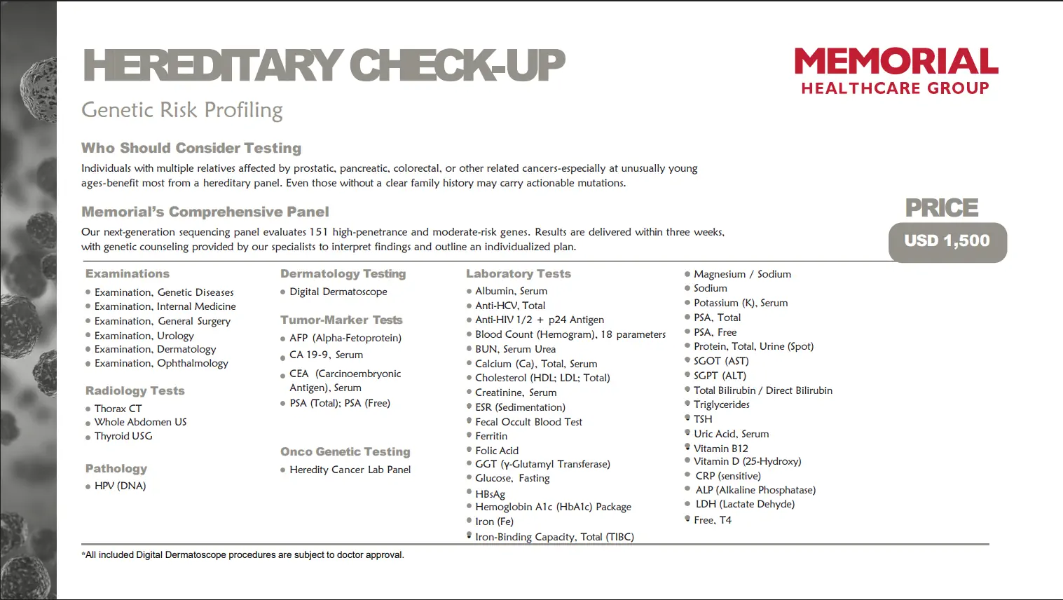 Hereditary cancer check-up outlining genetic risk profiling, laboratory tests, tumor markers, and diagnostic imaging at Memorial Healthcare Group.