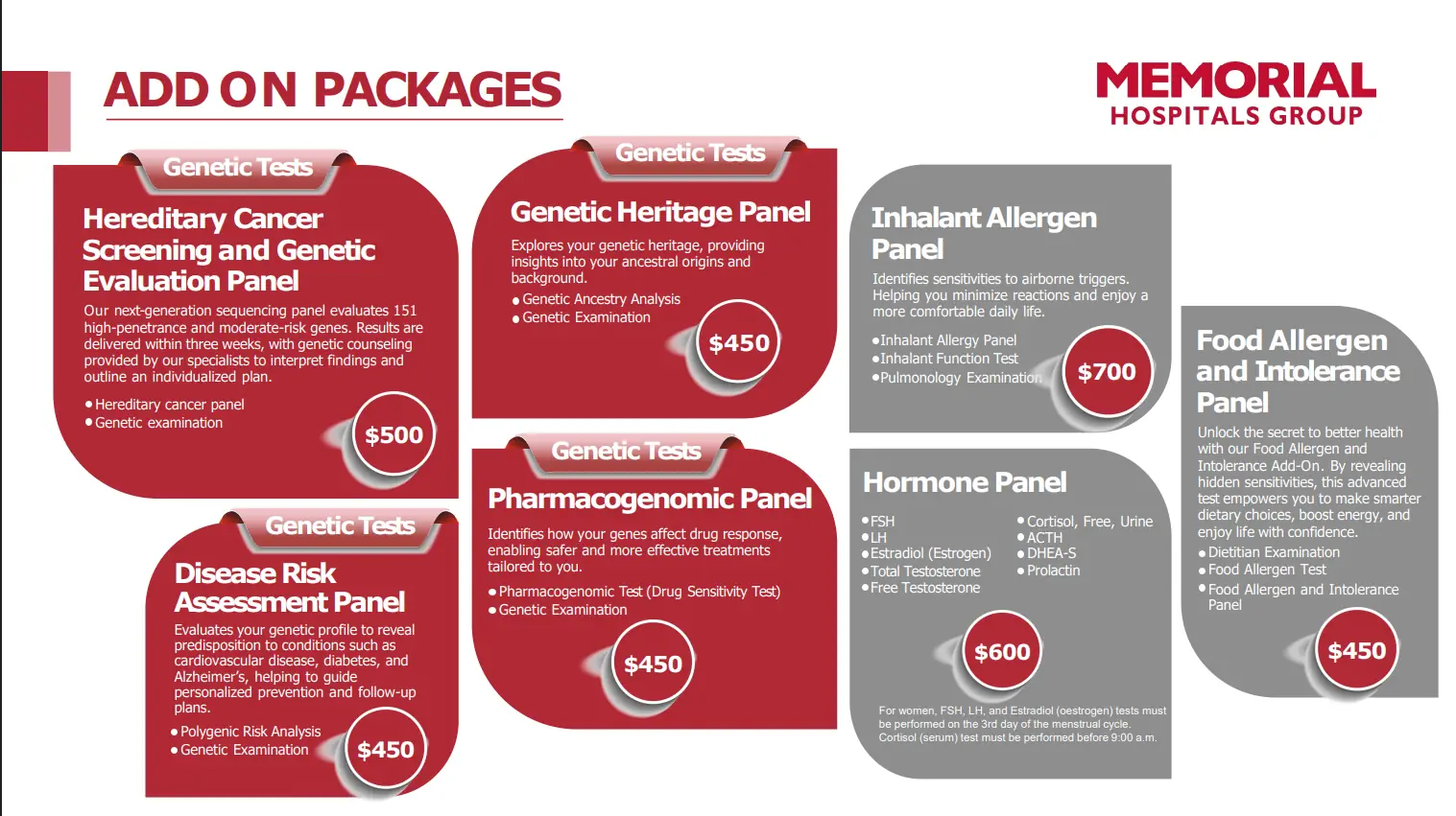 Add-on health screening packages including genetic testing, allergy panels, hormone panels, and disease risk assessments at Memorial Hospital