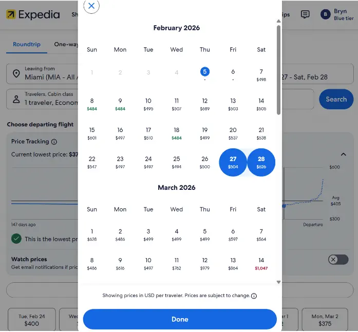 Expedia flight calendar showing the cheapest days to fly from Miami to Europe, highlighting how flexible dates can help travelers save money on international flights.