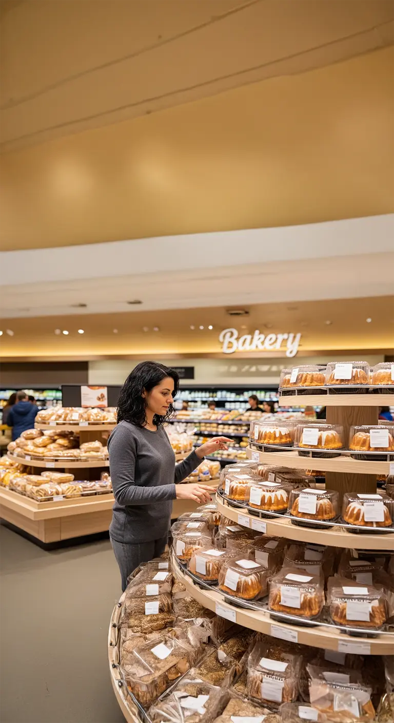 A woman in a grocery store looking at bakery products in packages