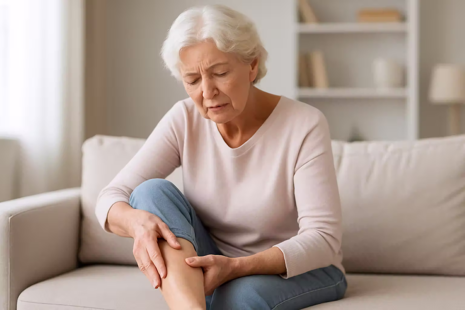 Elderly woman experiencing leg pain, massaging her calf in a calm home setting