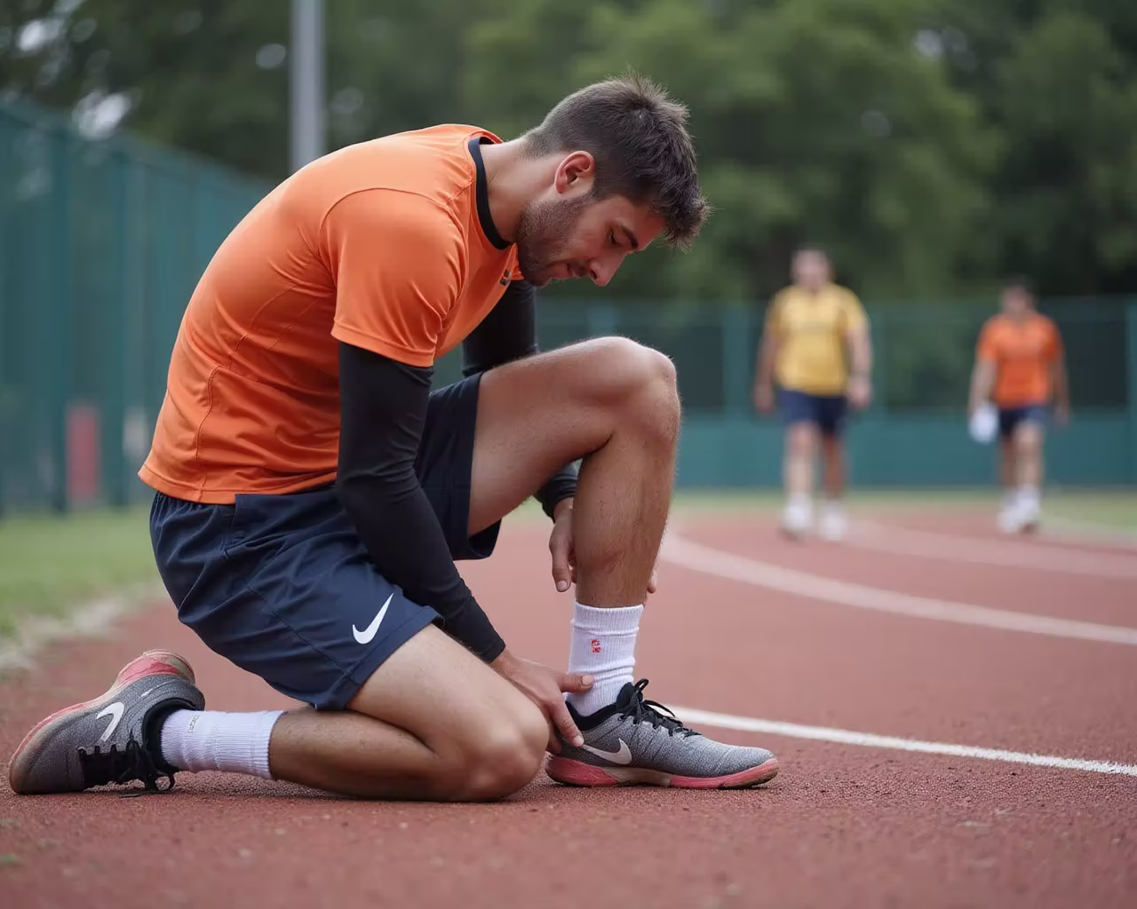 Young male track athlete kneeling on the track, holding his ankle in pain after a sprinting injury