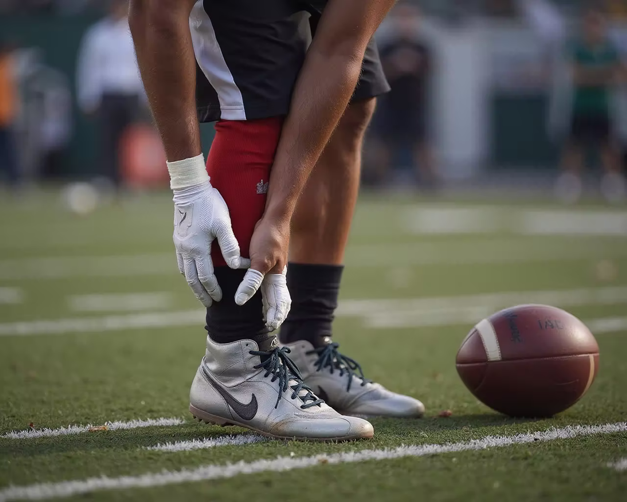 A football player grabbing their injured ankle.