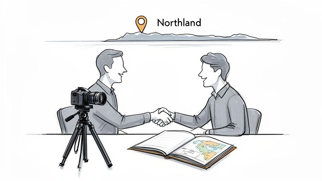 Two men shaking hands across a table, a camera recording, with an open map and 'Northland' sign.