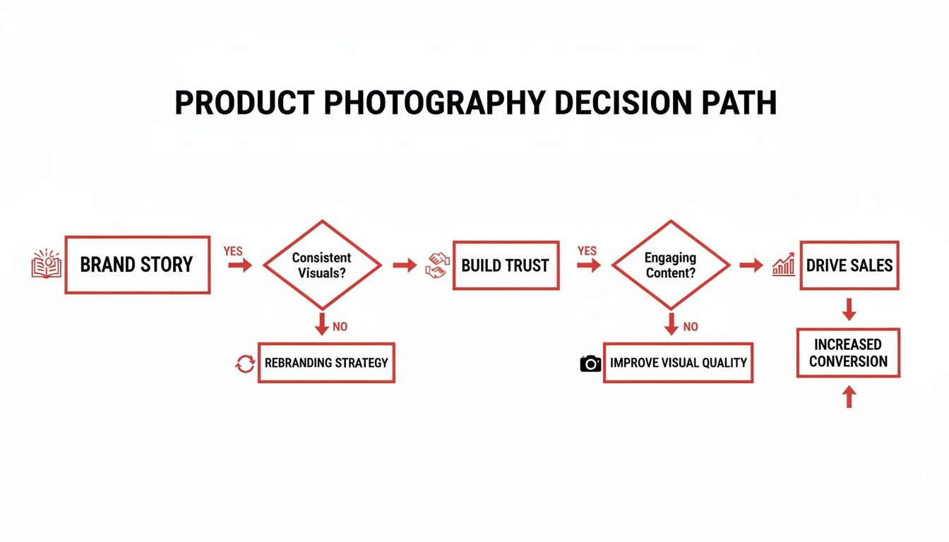 Flowchart outlining the product photography decision path, connecting brand story, visuals, trust, content, sales, and conversion.