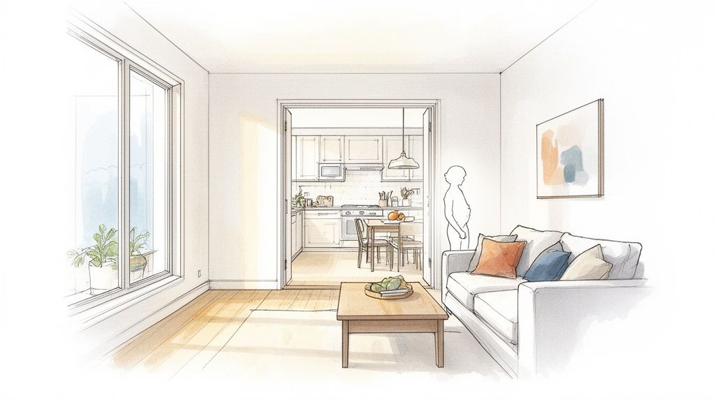 Architectural sketch of a modern living room with a view into a bright kitchen.