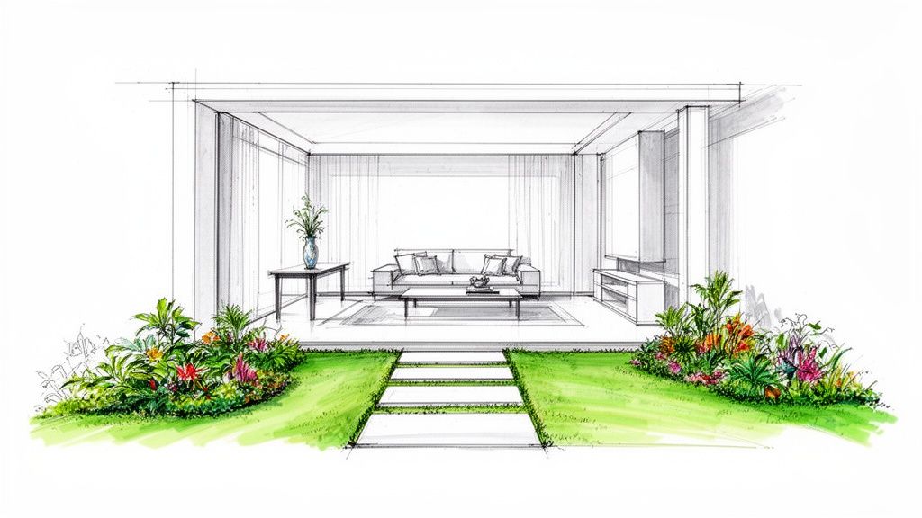 Hand-drawn sketch of a modern indoor-outdoor living space with a garden and stepping stones.