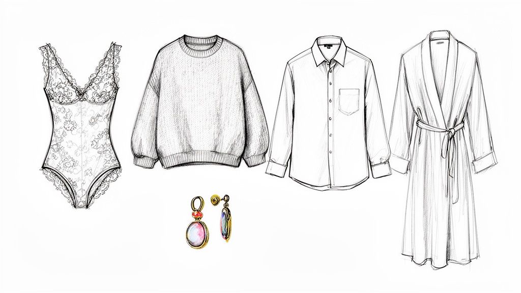 Fashion sketches featuring a lace bodysuit, knitted sweater, button-up shirt, long robe, and decorative earrings.
