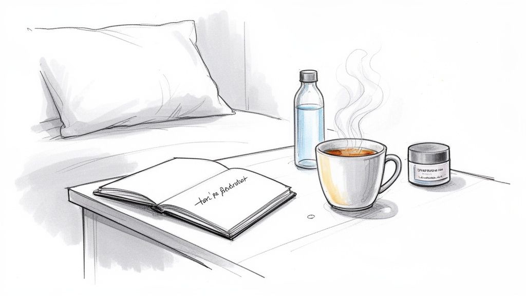 A cozy bedside table with an open notebook, steaming coffee, water bottle, and a jar.