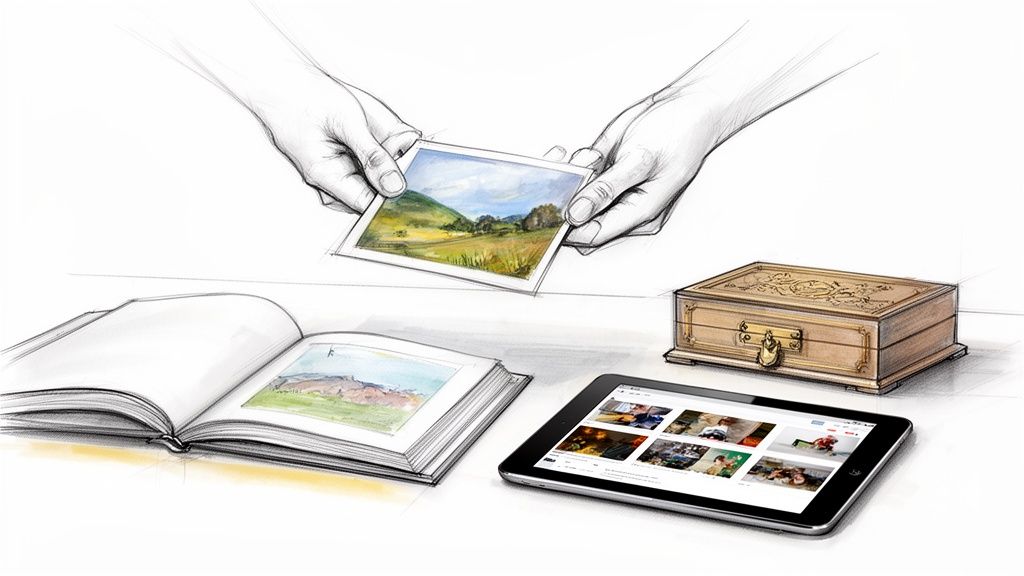 Hands hold a physical photograph, contrasted with an open album, a wooden box, and a tablet displaying digital images.