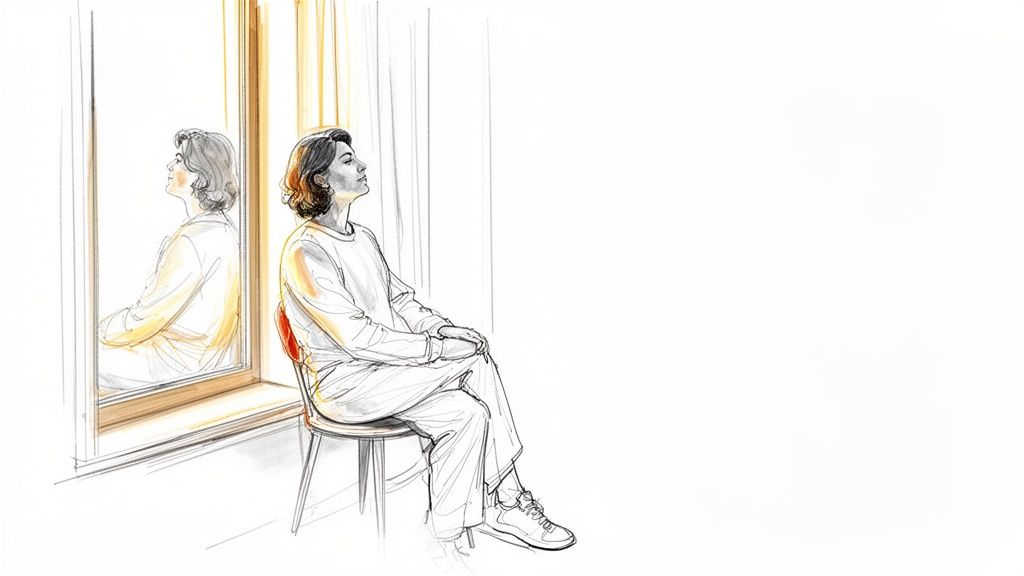 Illustration of a person looking out a sunlit window, seeing their reflection.