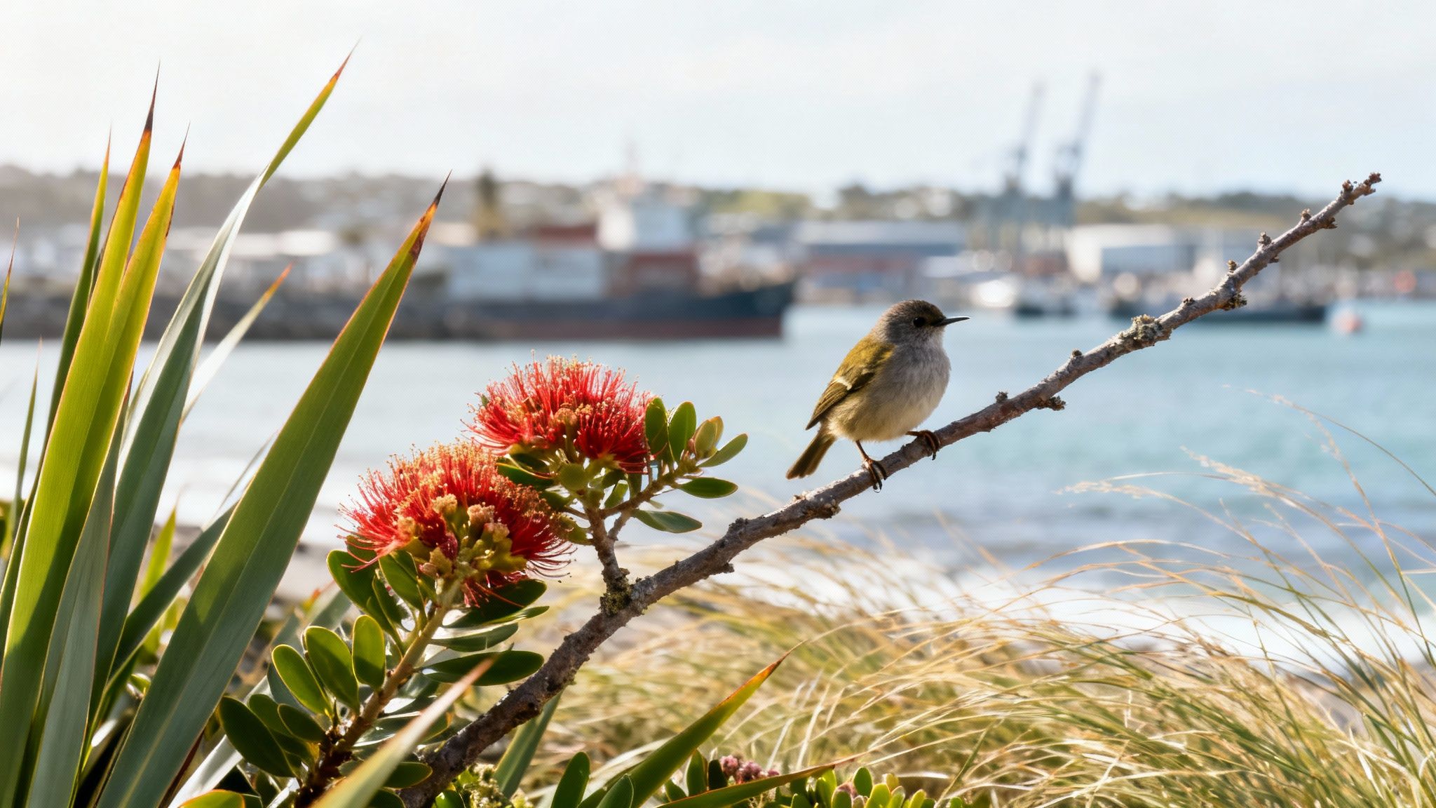 A small bird perches on a branch next to vibrant red Pōhutukawa flowers, with a harbor in the background.