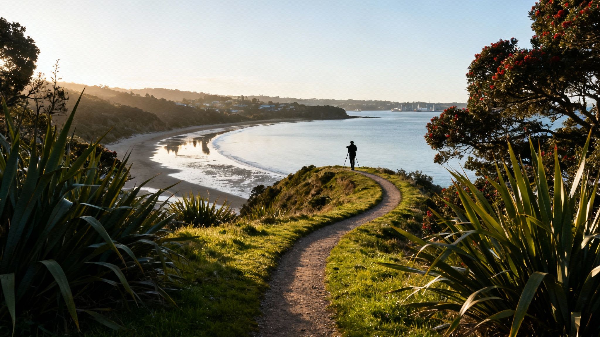 A photographer on a winding path overlooking Smugglers Bay, New Zealand, during a beautiful sunset.