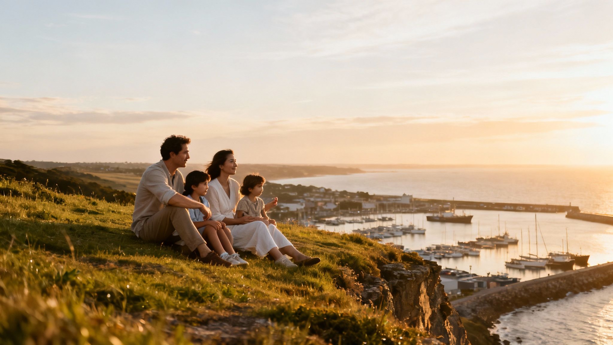A family of four sits on a grassy cliff, watching the sunset over a marina.