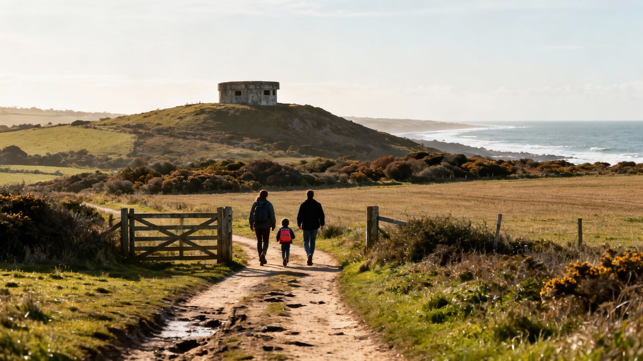 A family walks on a coastal path towards an old bunker on a hill, with the ocean in the background.