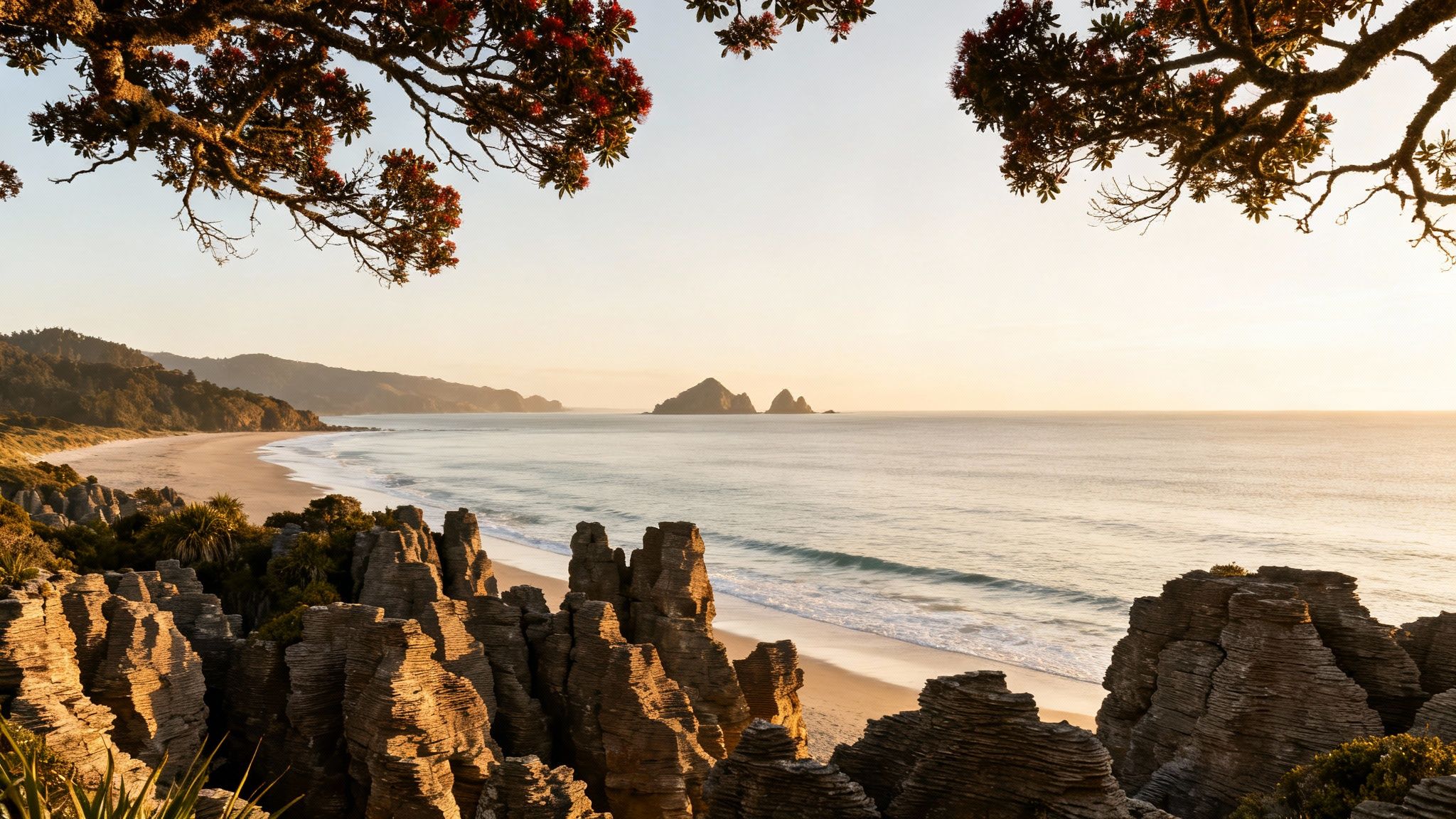 Stunning sunrise view of Pancake Rocks beach with ocean waves and distant islands, framed by flowering trees.