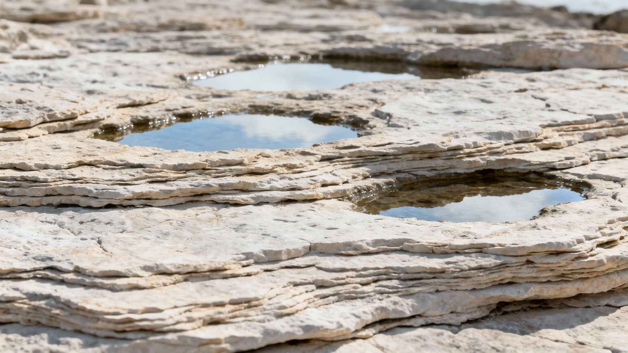 Close-up of layered white and beige rock formations with small puddles reflecting the sky.