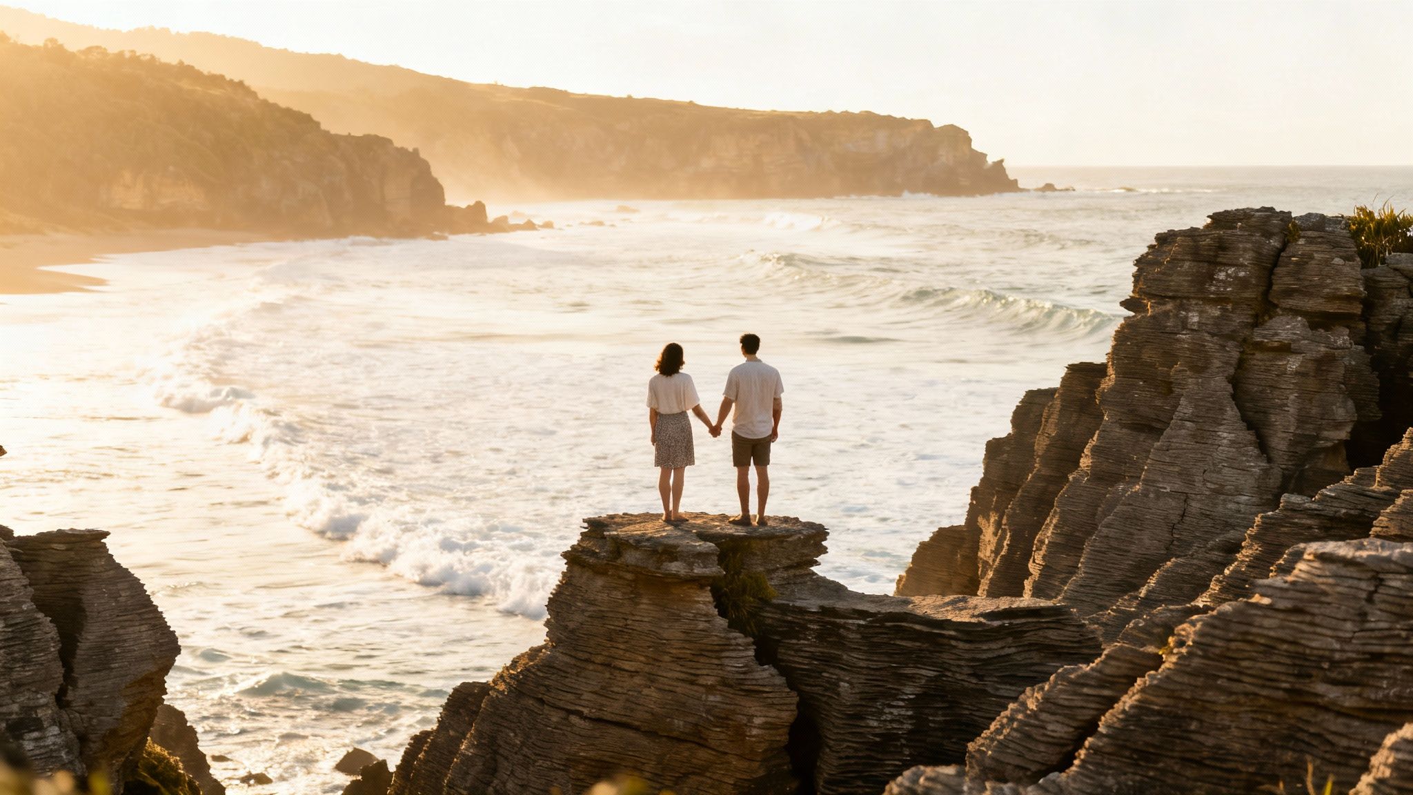 A couple holding hands, watching the sunset over the ocean from unique pancake rock formations.