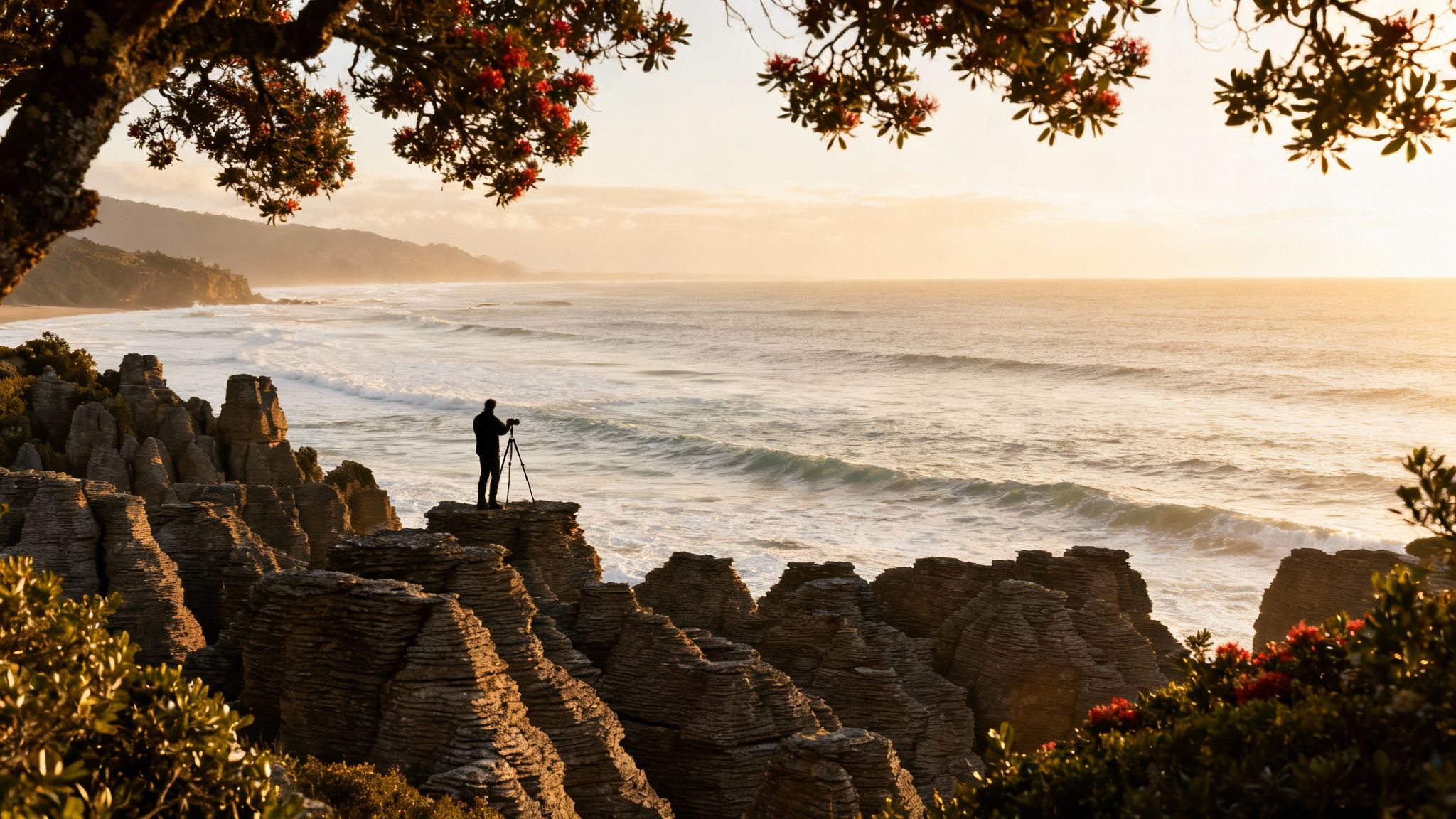 Photographer silhouetted on unique pancake rocks captures a golden sunset over the ocean.