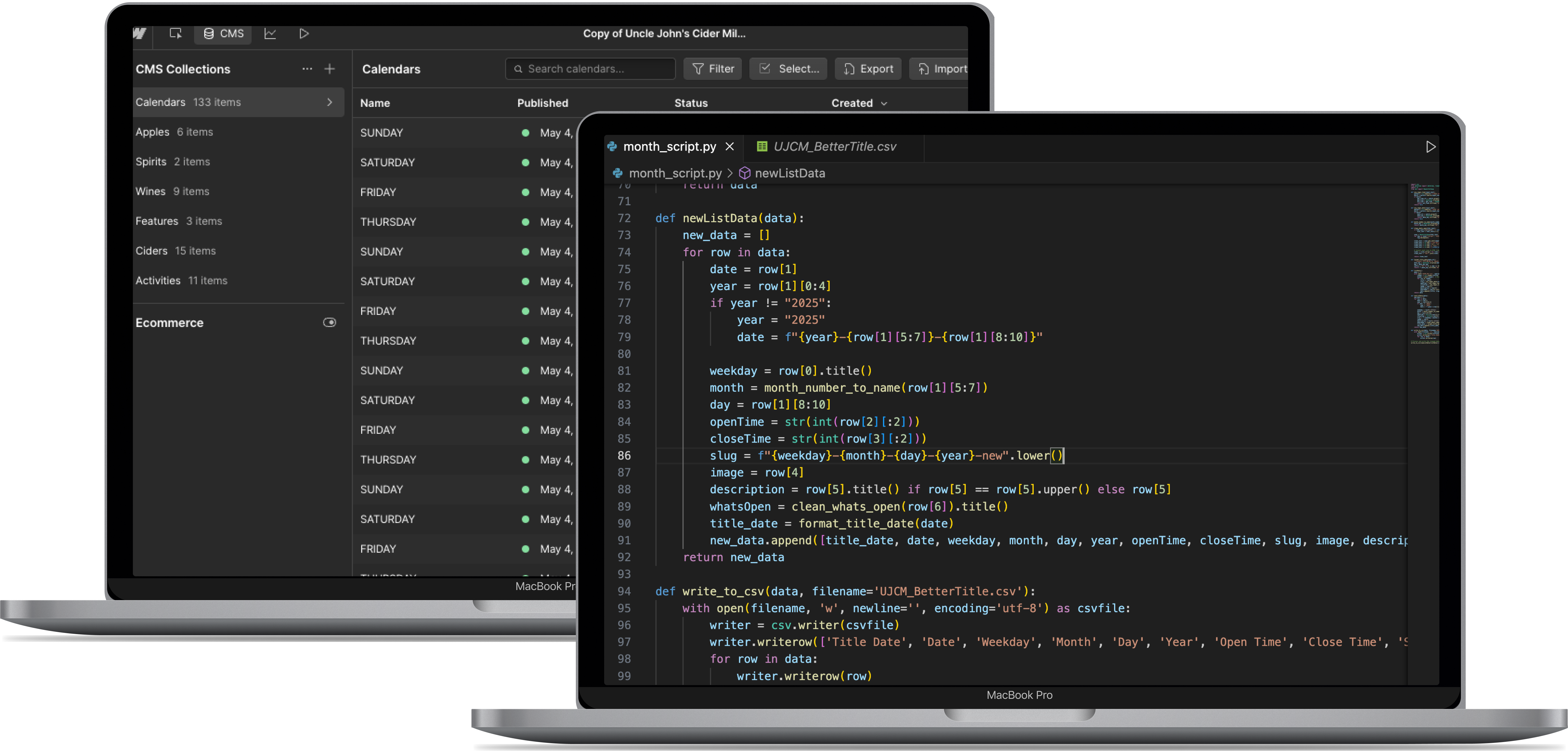 Computer screens showing a CMS and python code