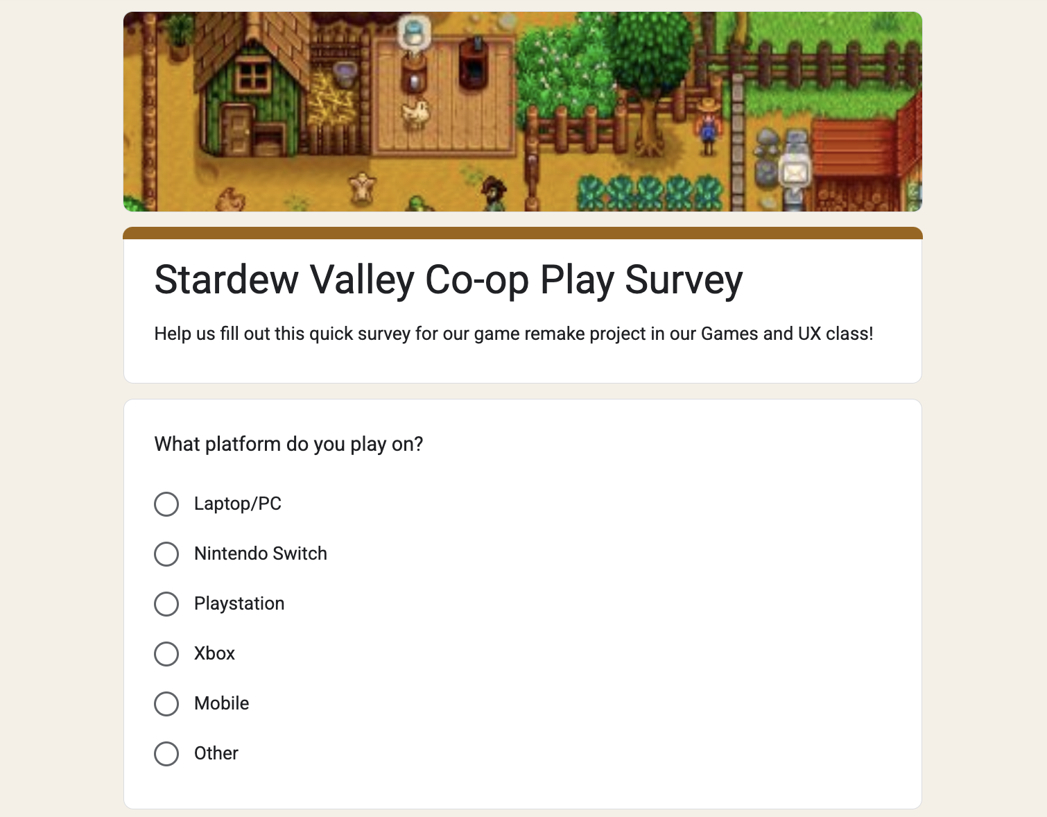 Screenshot of Stardew Valley survey