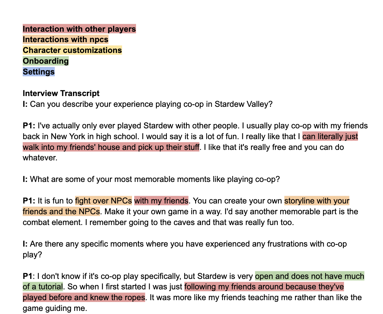 Interview transcript with colored quotes