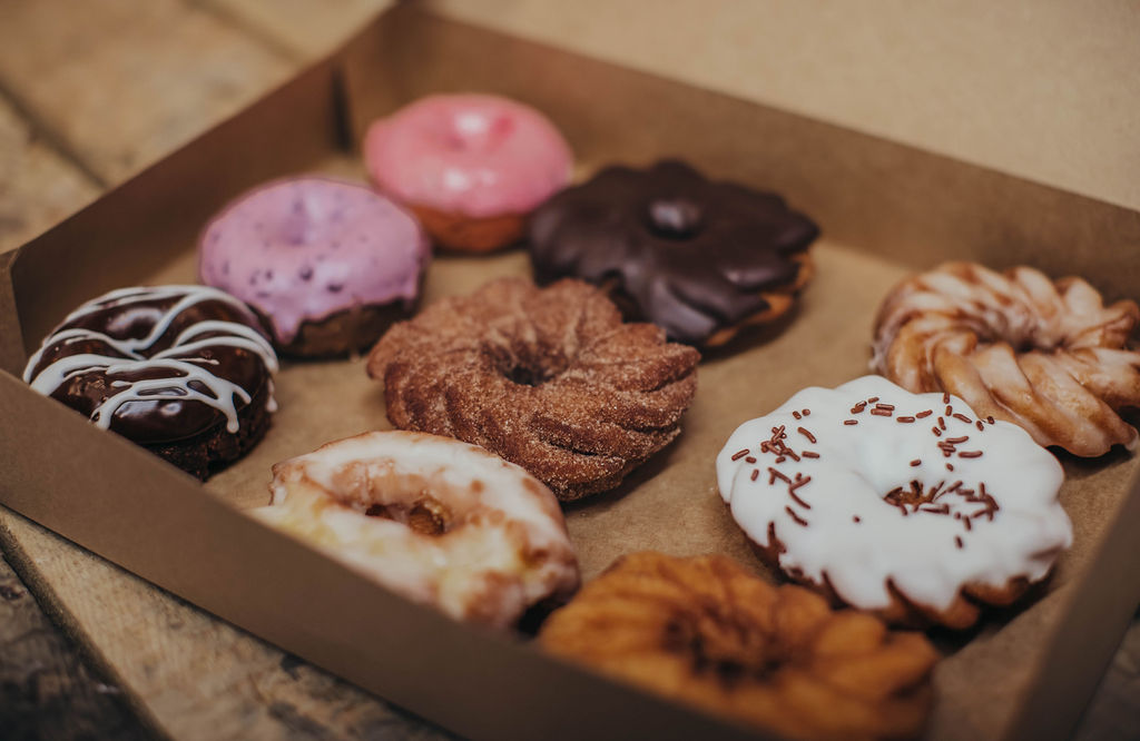 Close up of 9 donuts